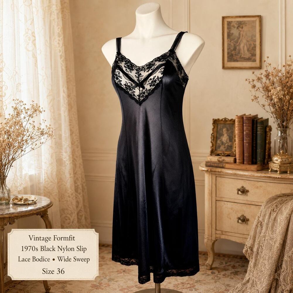 Vintage Formfit 1970s Black Nylon Slip Dress Lace Bodice Wide Sweep Sz 36